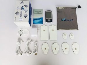 Handheld electronic pulse massager device with electrode pads for muscle pain relief