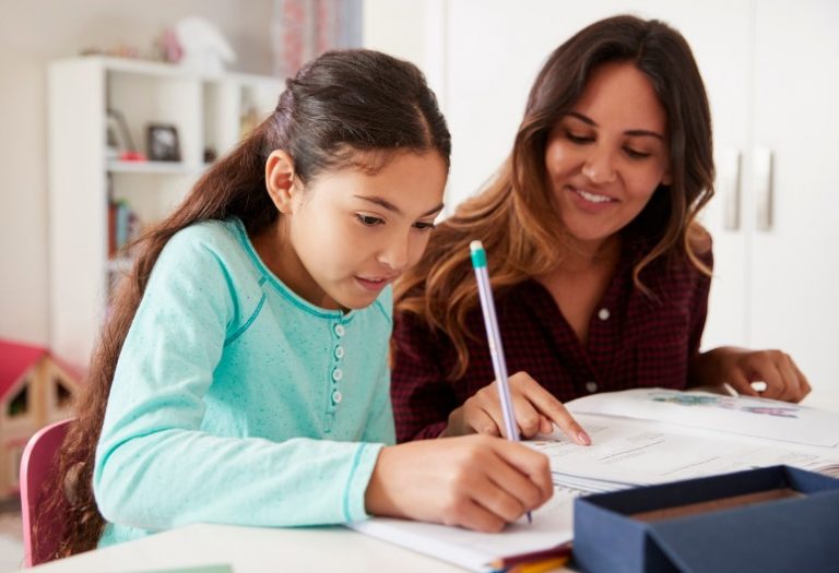 A child focused on writing homework with parental support and motivational elements visible