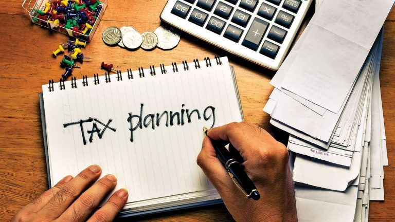 Illustration depicting tax planning concepts with financial documents, calculator, and retirement planning materials